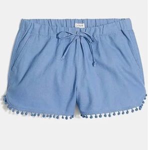 J. Crew Factory 3” Pom-Pom Linen-Cotton Drawstring Shorts in blue